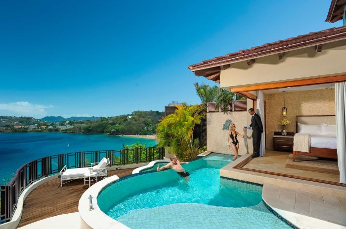 Sandals inclusive villas resorts villa private pool millionaire butler suites sanctuary bluff oceanview sunset picture luxurious